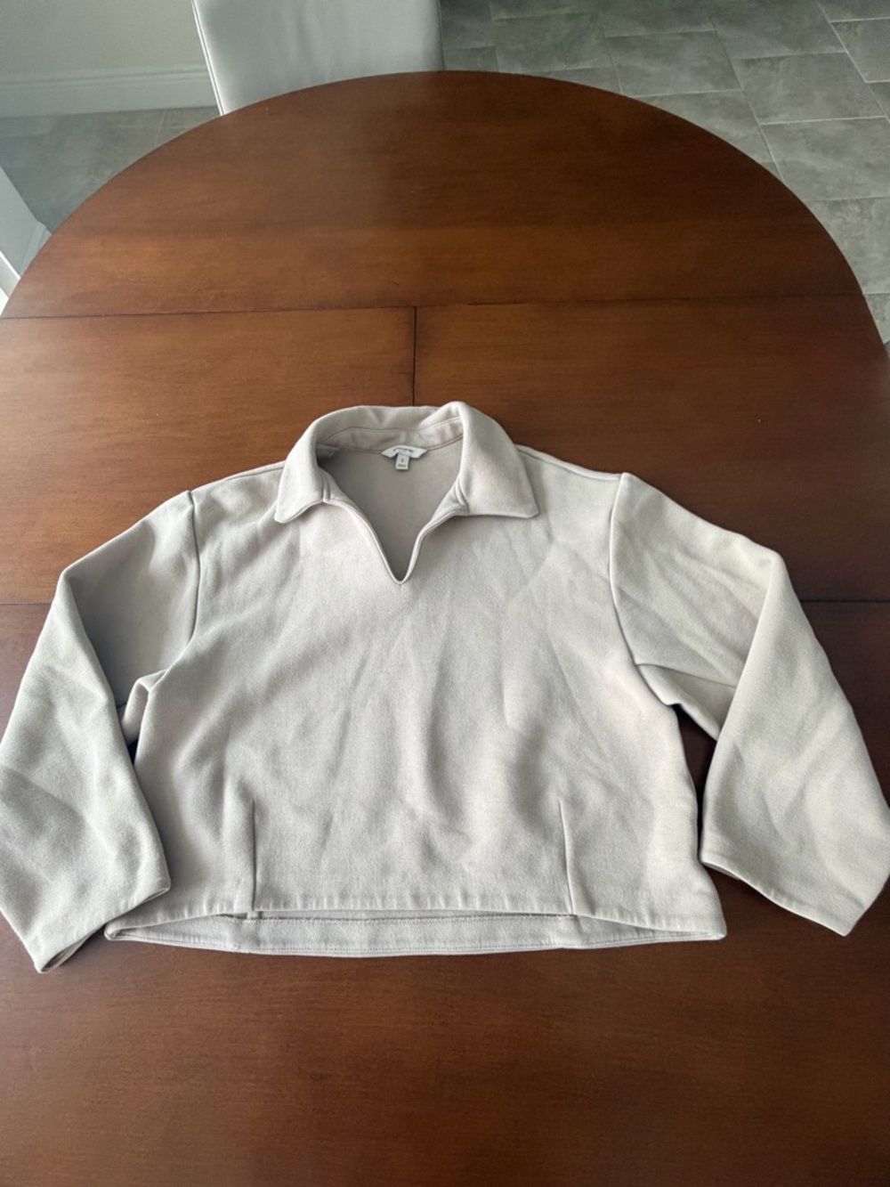 Neutral Minimalist Collared Cropped Sweater | Soft Taupe Lounge Top | Cozy Sz S